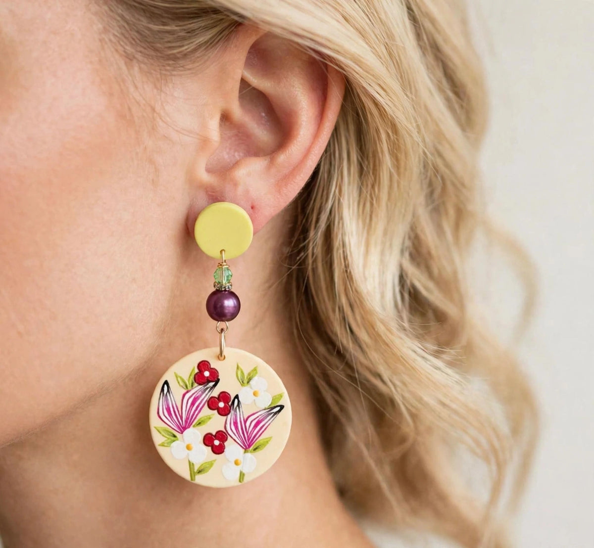 Rounded Floral Design Clay & Resin Earrings - Artisanal Dangle Jewelry