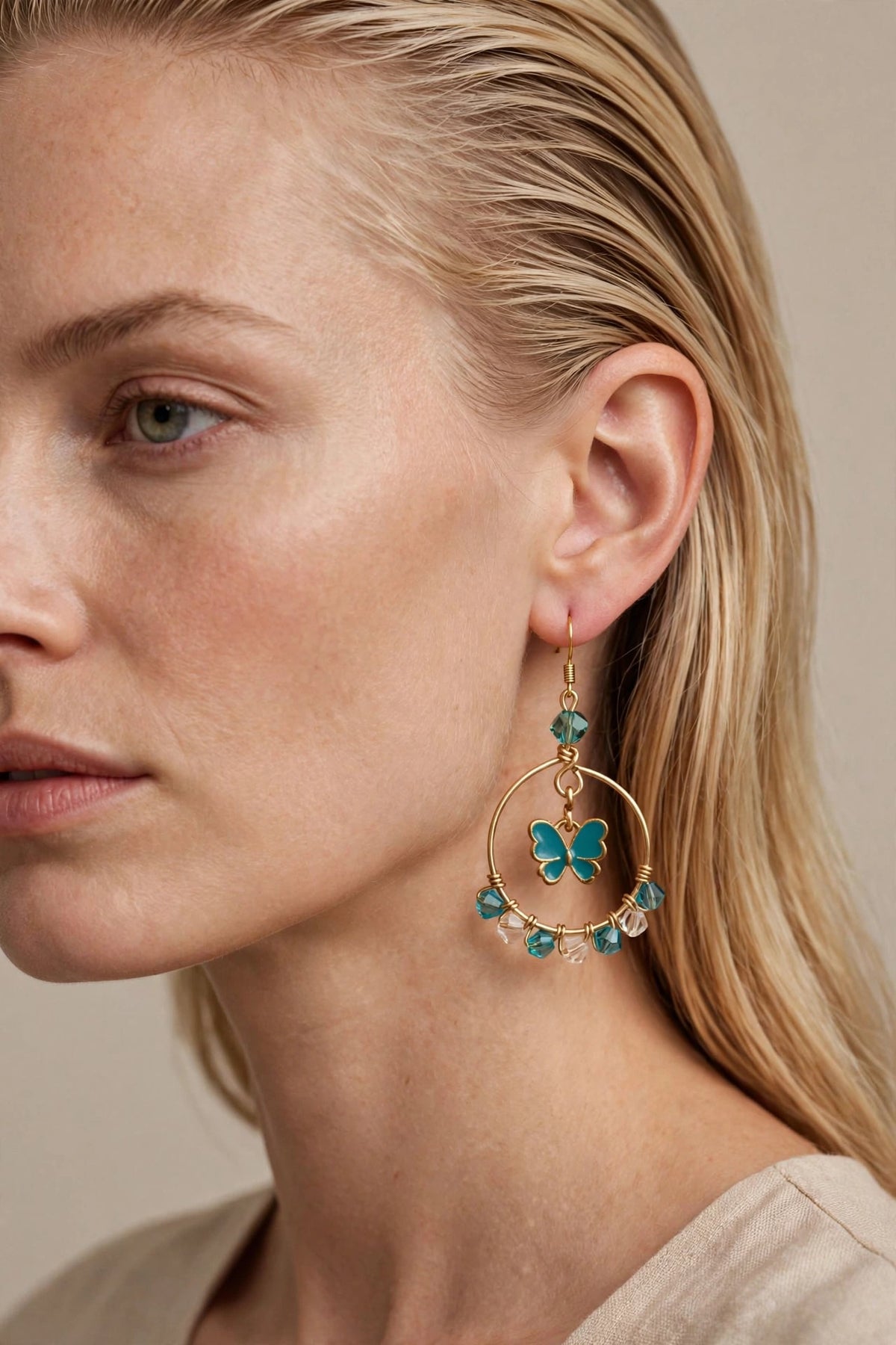 Gold & Blue Butterfly Metal Earrings - Elegant Hoop Jewelry