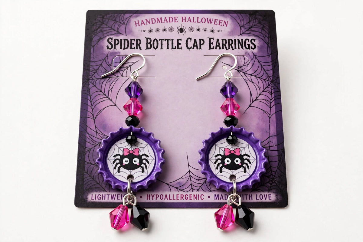 Halloween Spider Bottlecap Earrings - Spooky Cute Dangle Jewelry