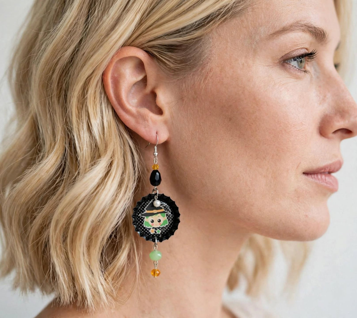 Halloween Green Witch Bottlecap Earrings - Sweet Dangle Jewelry