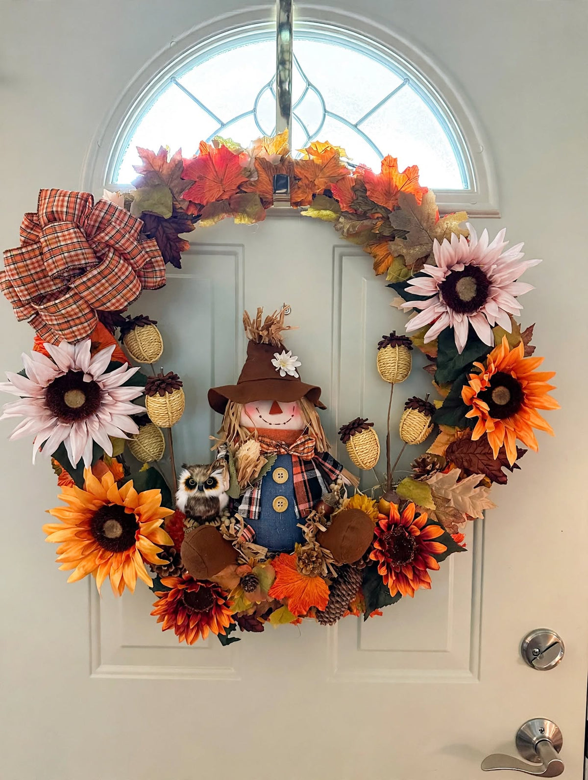 Fall Scarecrow Wreath - 26 Inch Autumn Sunflower Wreath with Owl, Plaid Bow & Maple Leaves - Front Door Fall Wreath-Large Wreath