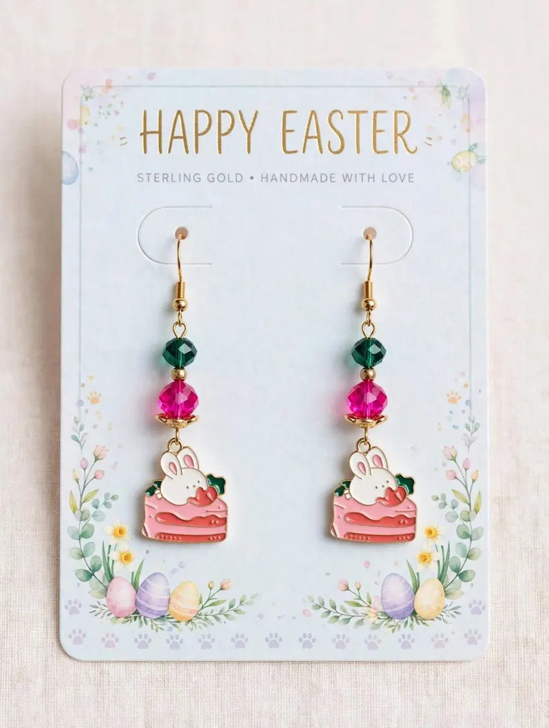 Easter Bunny Strawberry Cake Earrings - Easter Dangle Earrings - Pink and Green Crystal Bead Earrings - Kawaii Bunny Cake Charm Earrings