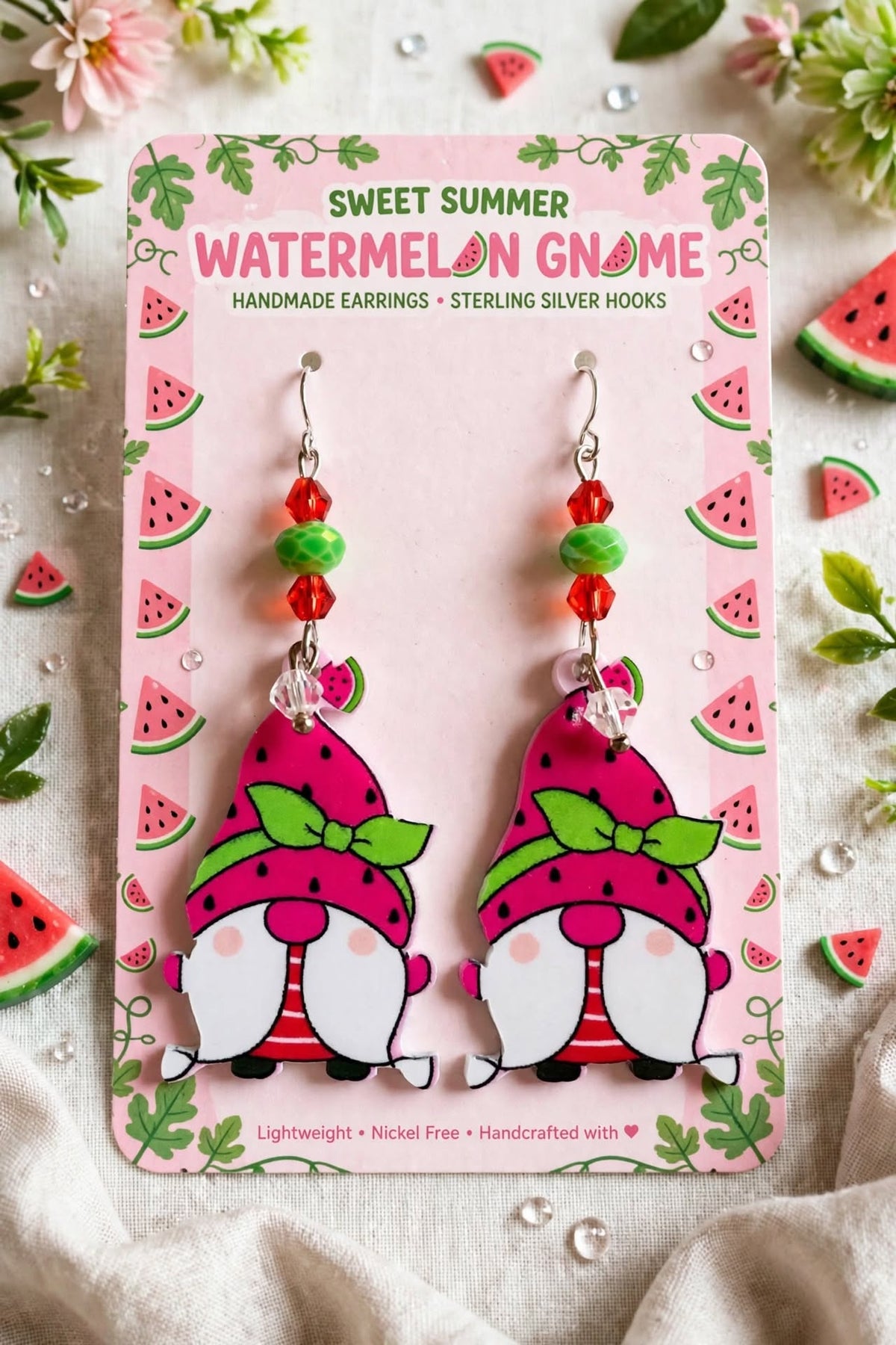 Watermelon Gnome Design Acrylic Earrings - Cute Dangle Jewelry