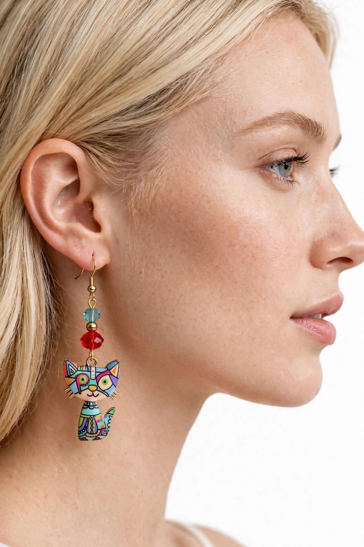 Blue Colorful Cat Enamel Charm Earrings - Abstract Dangle Jewelry