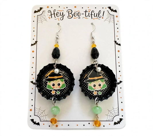 Halloween Green Witch Bottlecap Earrings - Sweet Dangle Jewelry