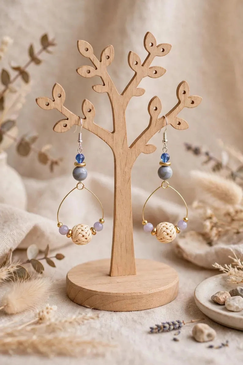 Handmade Boho Dangle Earrings - Blue Crystal, Gray Agate, Lavender Agate and Natural Rattan Earrings