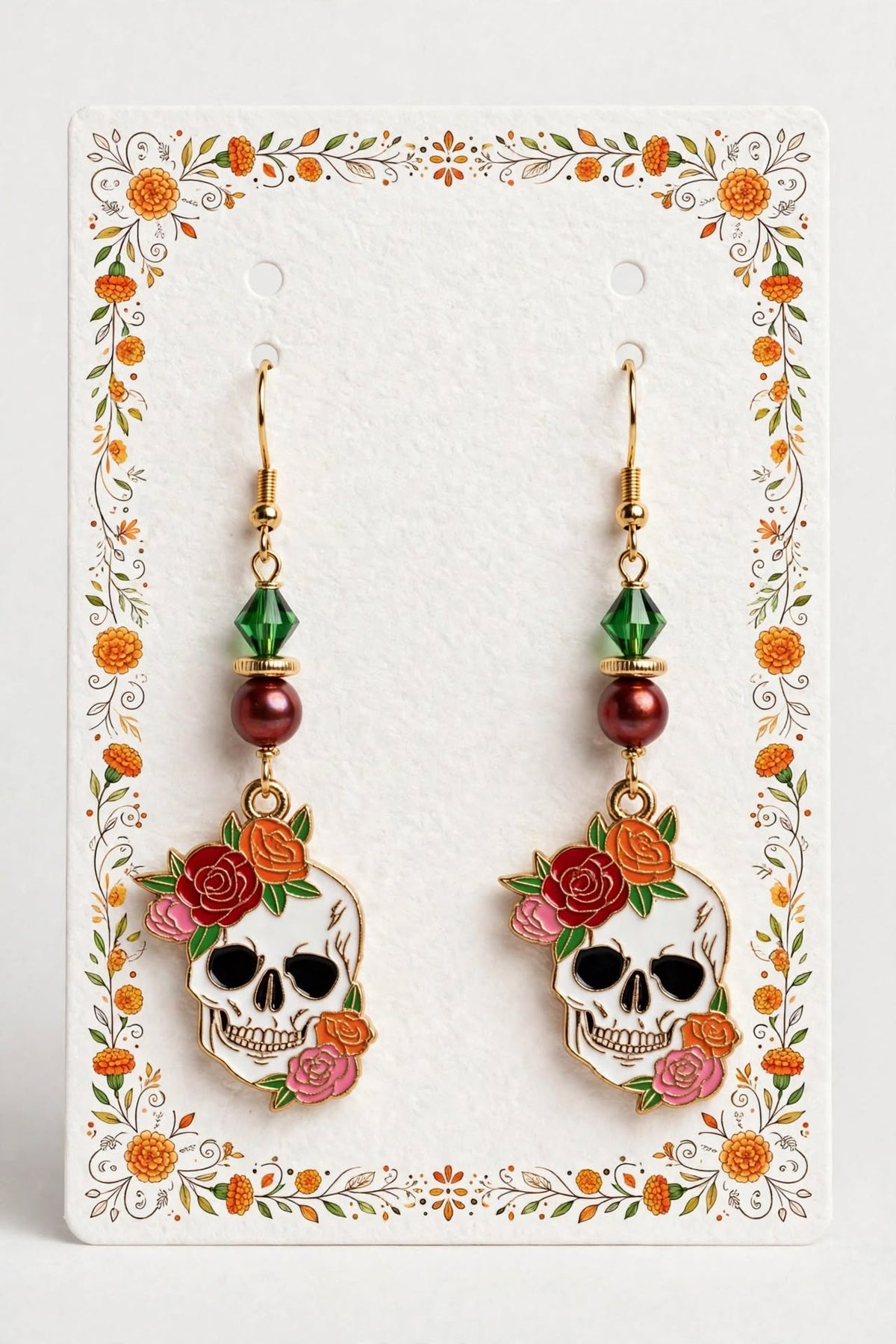 Floral Crown Sugar Skull Enamel Earrings - Unique Dangle Jewelry