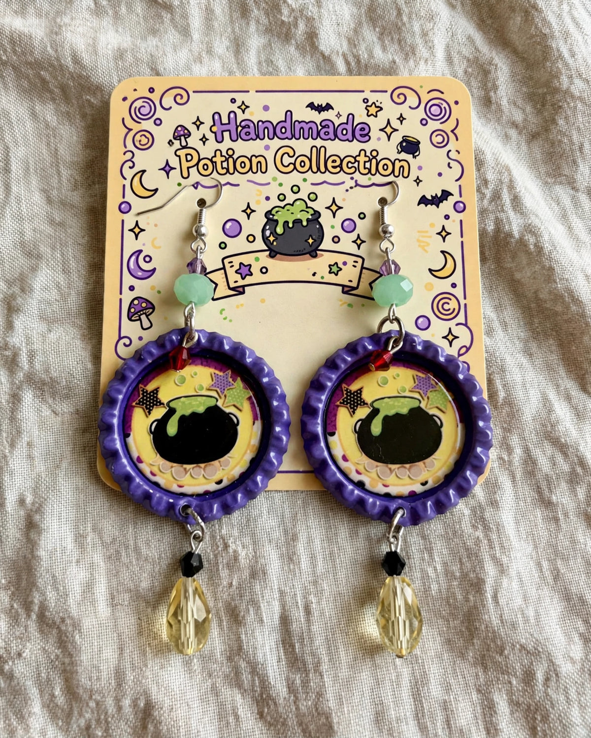 Halloween Cauldron Bottlecap Earrings - Spooky Cute Dangle Jewelry