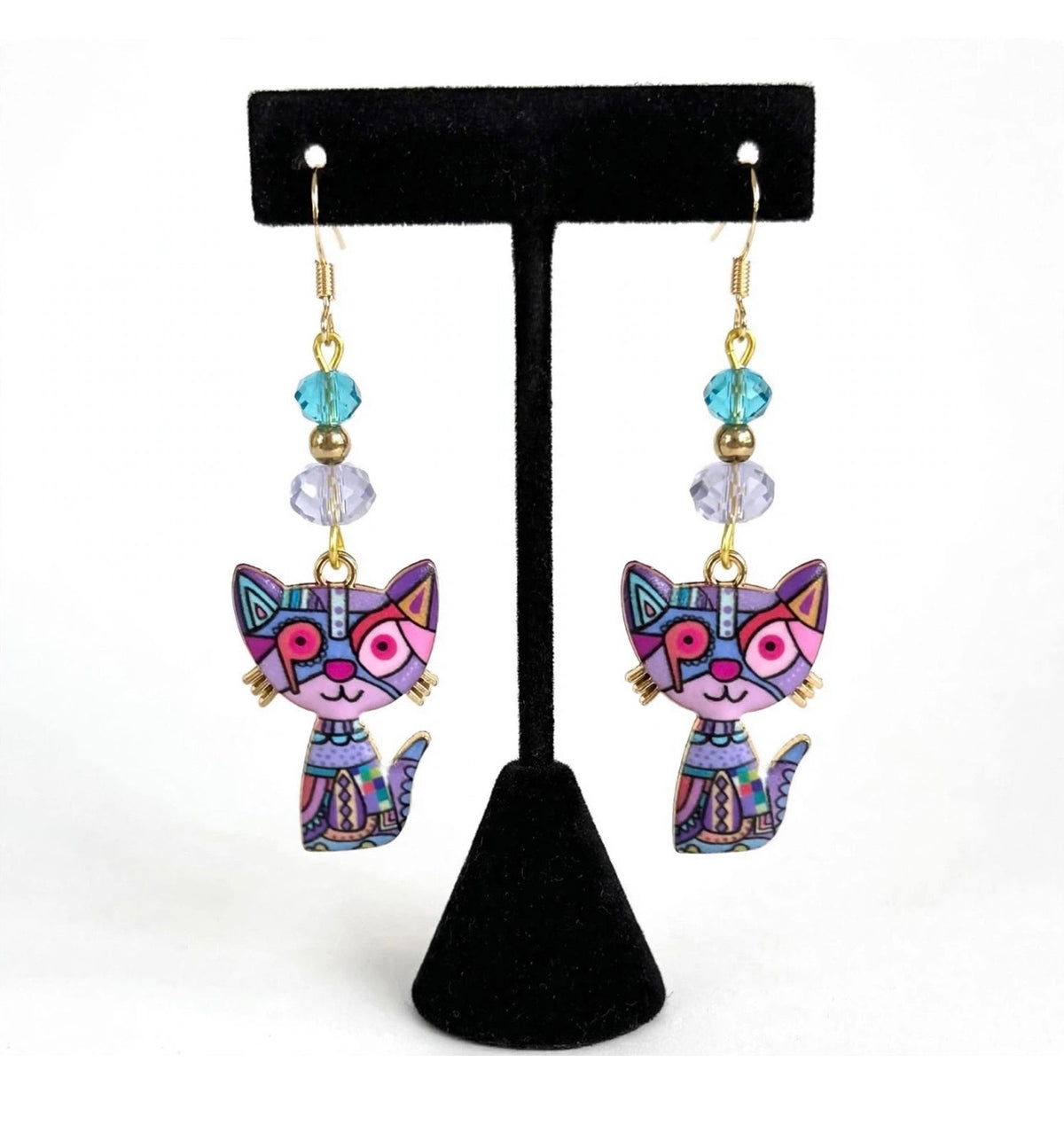 Purple Colorful Cat Enamel Charm Earrings - Abstract Dangle Jewelry