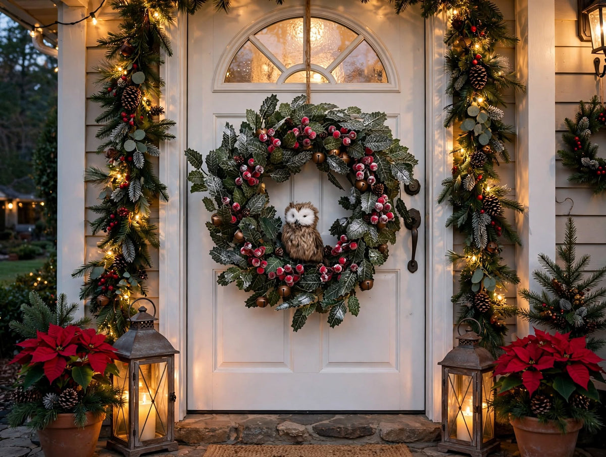 Frosted Christmas Wreath with Owl - 15 Inch Holly Berry Wreath with Red Berries, Pinecones and Gold Jingle Bells - Rustic Winter Door Wreath