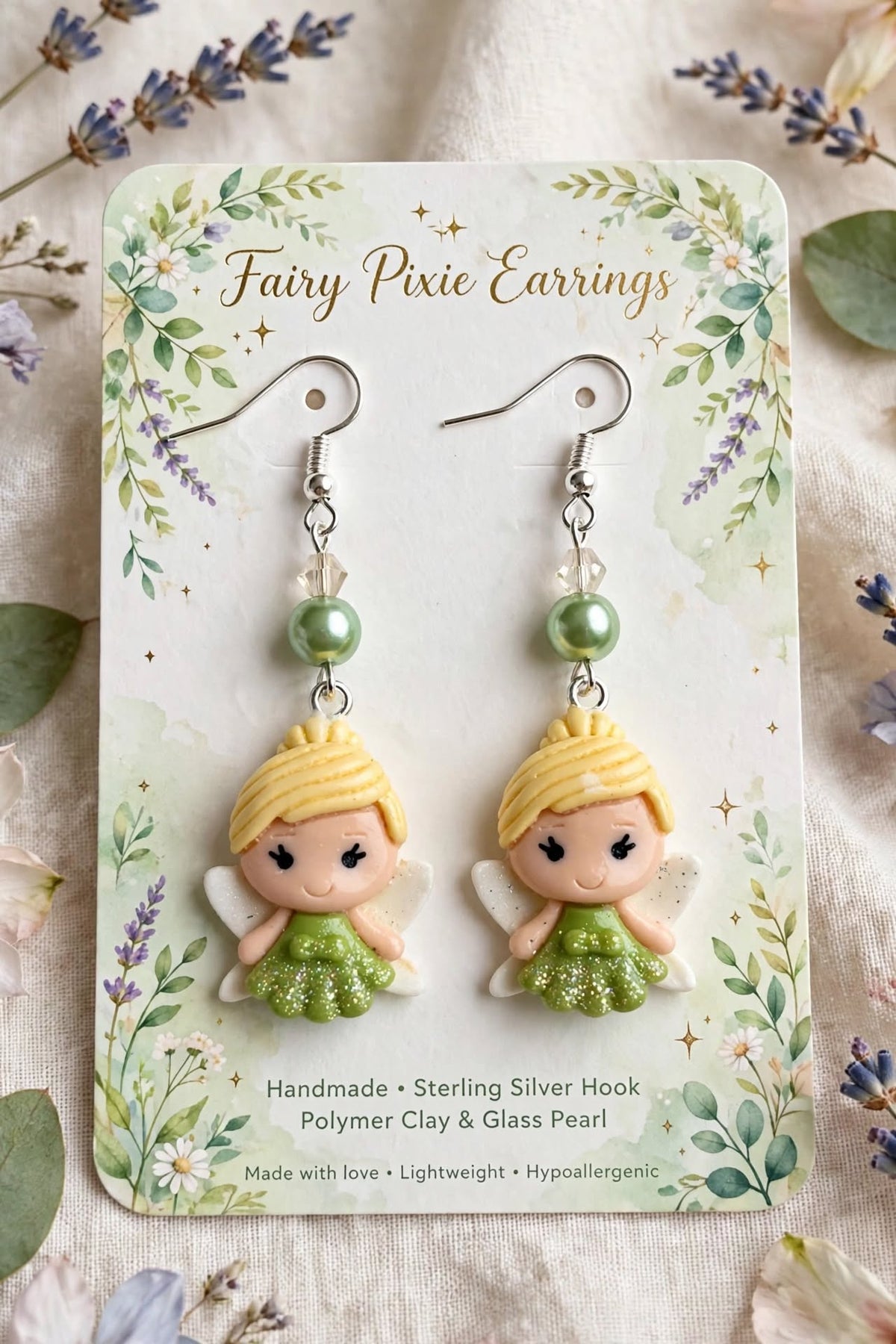Fairy Pixie Earrings | Handmade Polymer Clay Pixie Dangle Earrings | Green Fairy Gift | Sterling Silver Hook | Lightweight Hypoallergenic