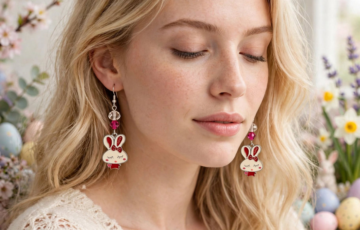 Valentine's Day Bunny Enamel Earrings - Lovely Dangle Jewelry