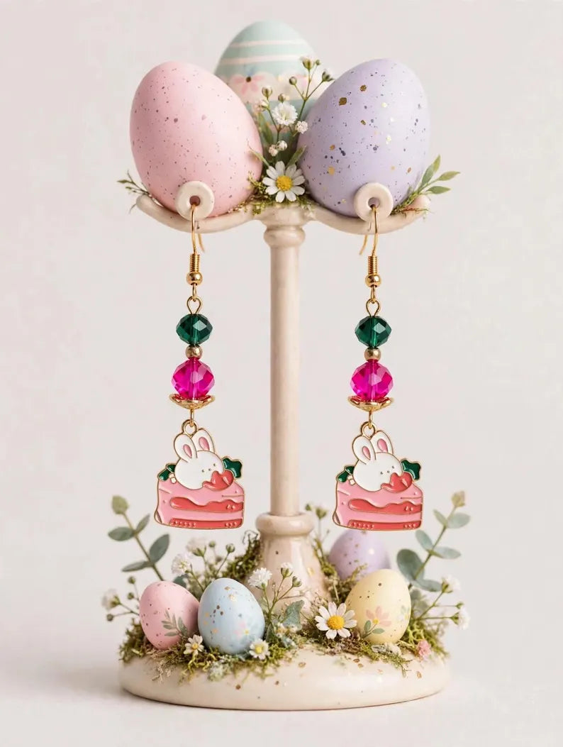 Easter Bunny Strawberry Cake Earrings - Easter Dangle Earrings - Pink and Green Crystal Bead Earrings - Kawaii Bunny Cake Charm Earrings