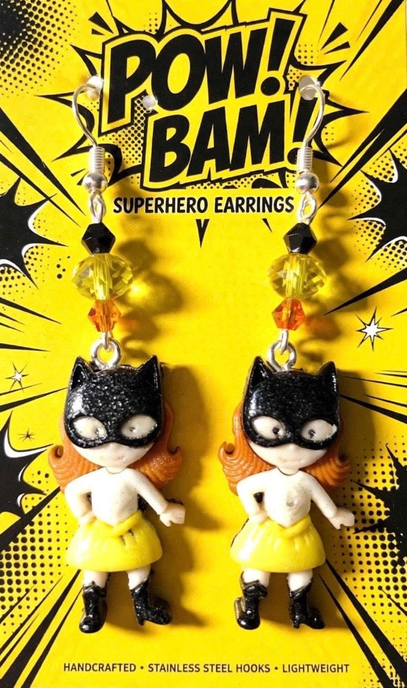 Superhero Batgirl Inspired Dangle Earrings Nylon Button Earrings Costume Fun Jewelry