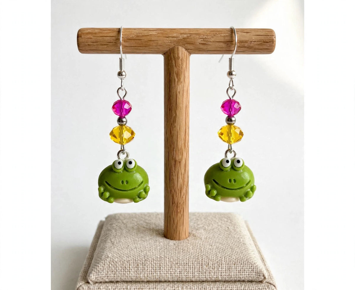 Grinning Happy Frog Clay & Resin Earrings - Sweet Cuties Dangle Jewelry
