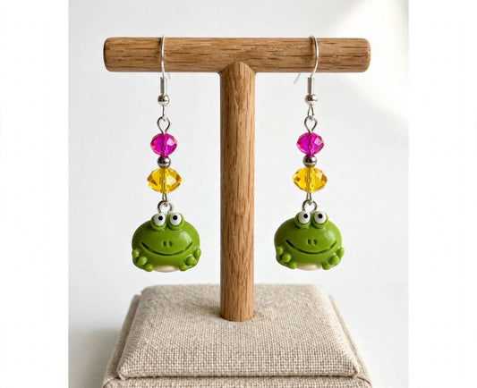 Grinning Happy Frog Clay & Resin Earrings - Sweet Cuties Dangle Jewelry