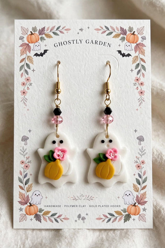 Flower Ghost Pumpkin Clay & Resin Earrings - Whimsical Cute Dangle Jewelry