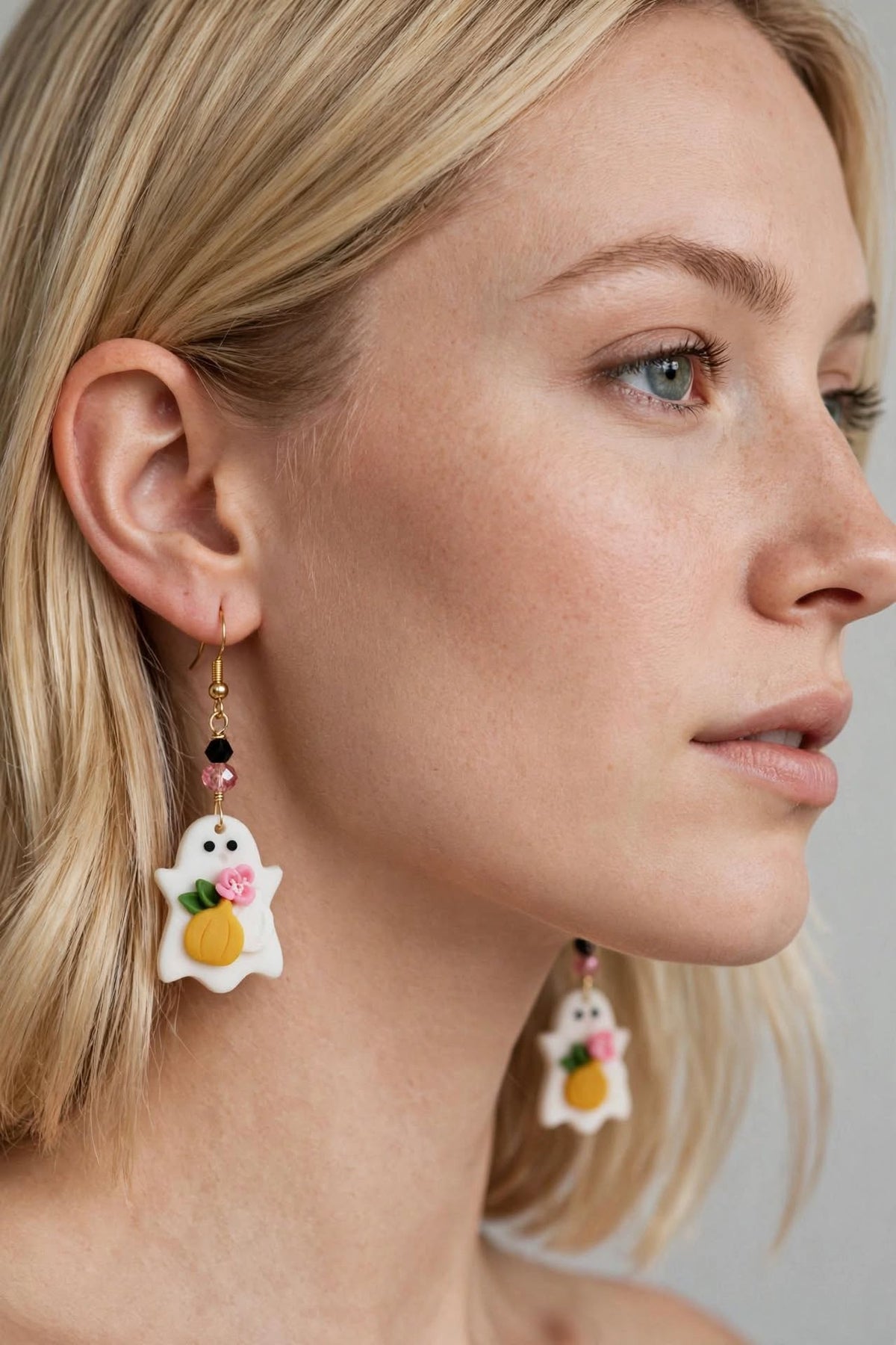 Flower Ghost Pumpkin Clay & Resin Earrings - Whimsical Cute Dangle Jewelry
