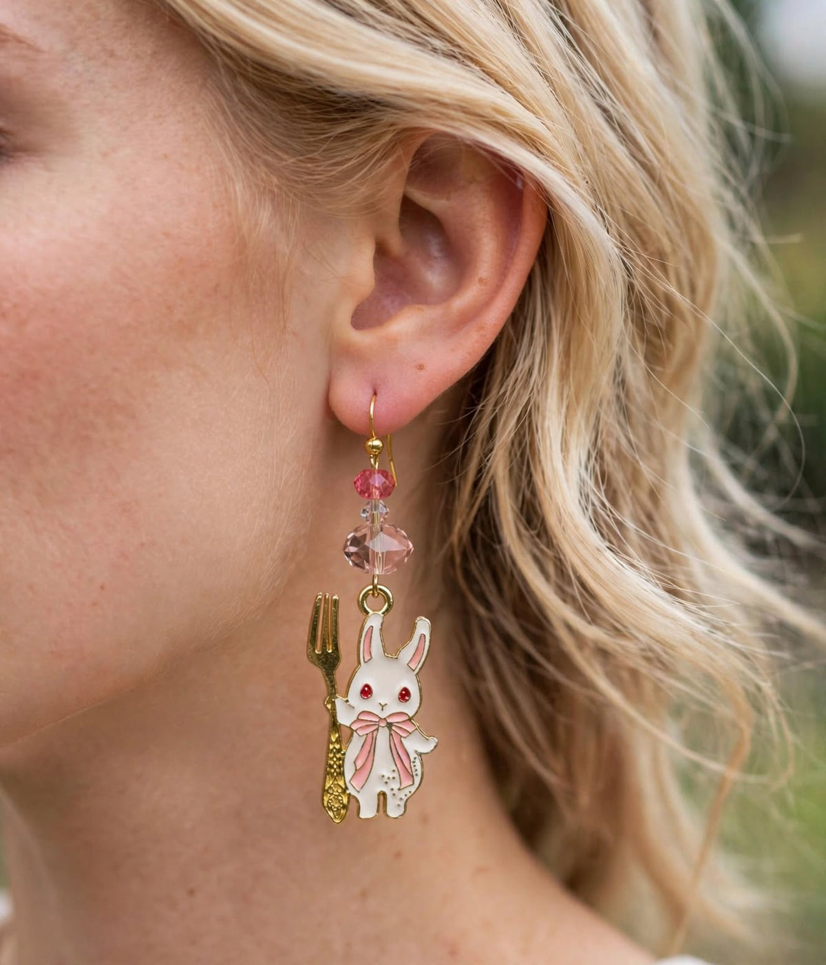 Fancy Fork Easter Bunny Enamel Charm Earrings - Cute Dangle Jewelry