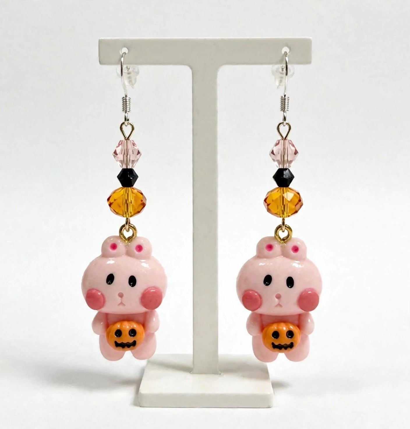 Kawaii Ghost Bunny Pumpkin Clay & Resin Earrings - Spooky Cute Dangle Jewelry