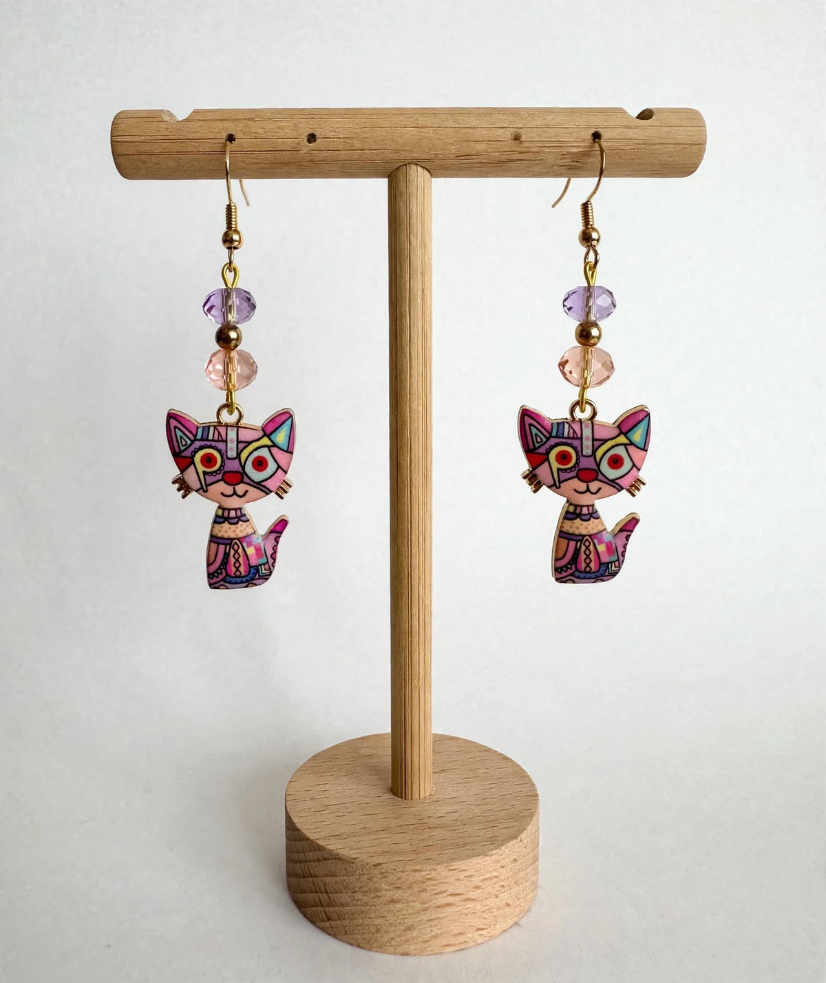 Pink Colorful Cat Enamel Charm Earrings - Abstract Dangle Jewelry
