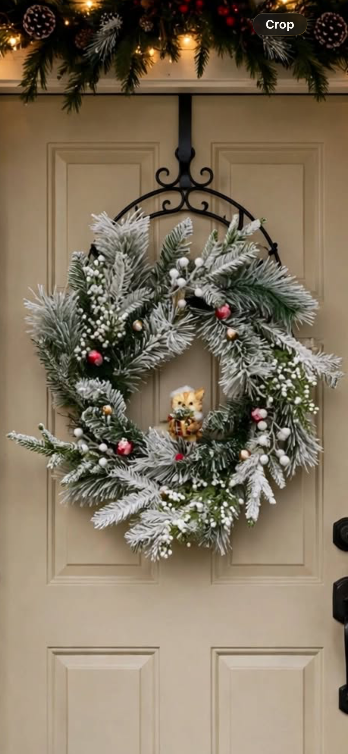 Flocked Christmas Wreath with White Berries, Red Ornaments and Woodland Fox - Snowy Holiday Front Door Wreath