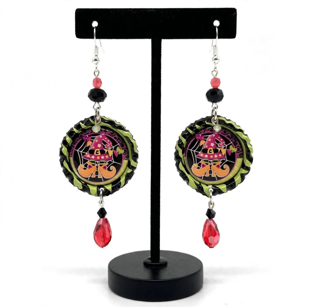 Halloween Witchy Bottlecap Earrings - Spooky Cute Dangle Jewelry