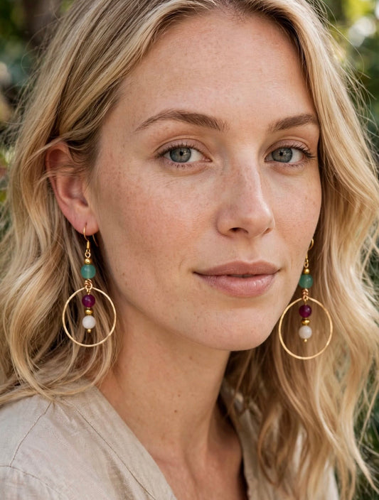 Handmade 14K Gold Plated Hoop Earrings, Green Chalcedony, Ruby Jade & Pearl Dangle Earrings, Boho Gold Hoop Earrings, Gift for Her