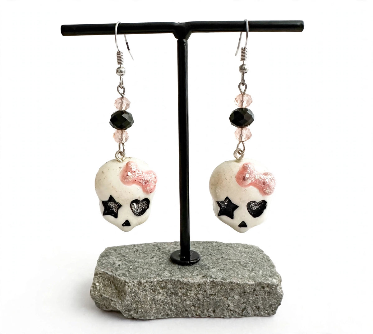 Hearts & Stars Skull Clay Resin Earrings - Gothic Dangle Jewelry