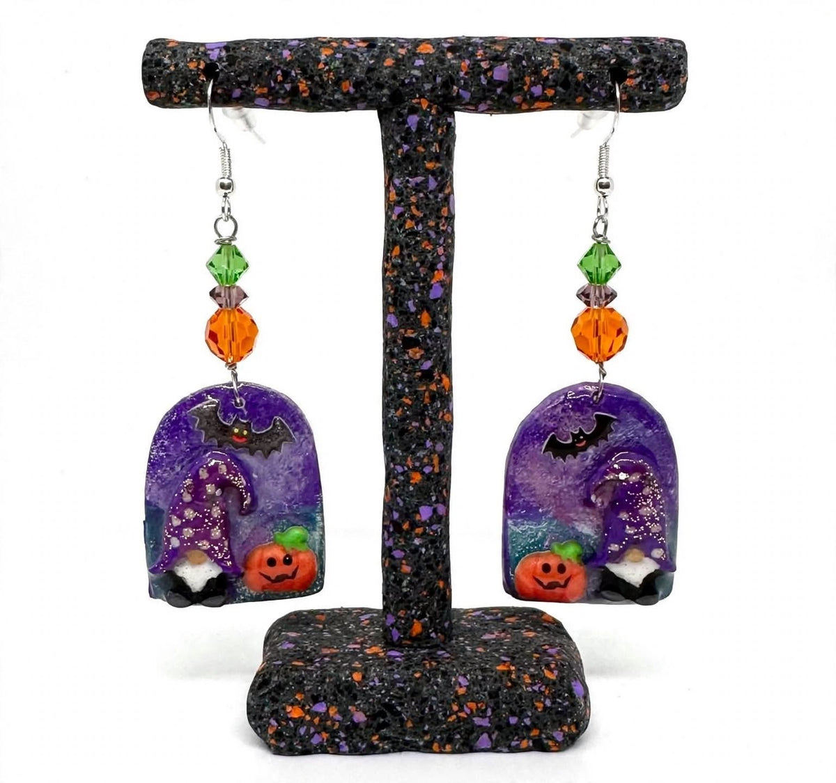 Handmade Halloween Gnome Dangle Earrings - Clay and Resin with Pumpkin & Bat Accents