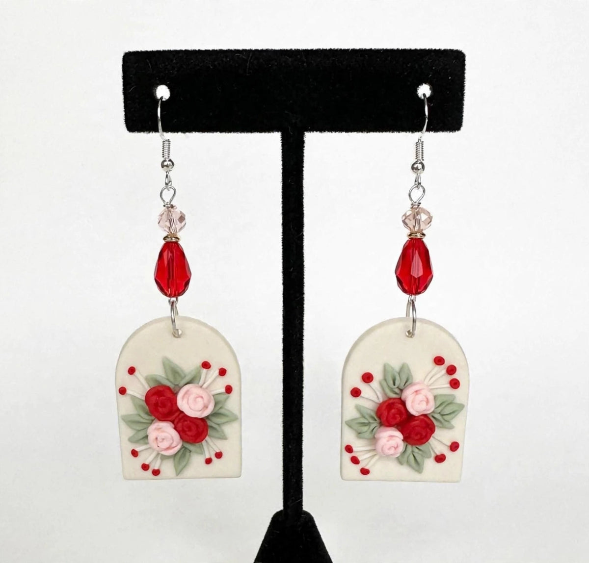 Red & Pink Rose Clay & Resin Earrings - Elegant Dangle Jewelry