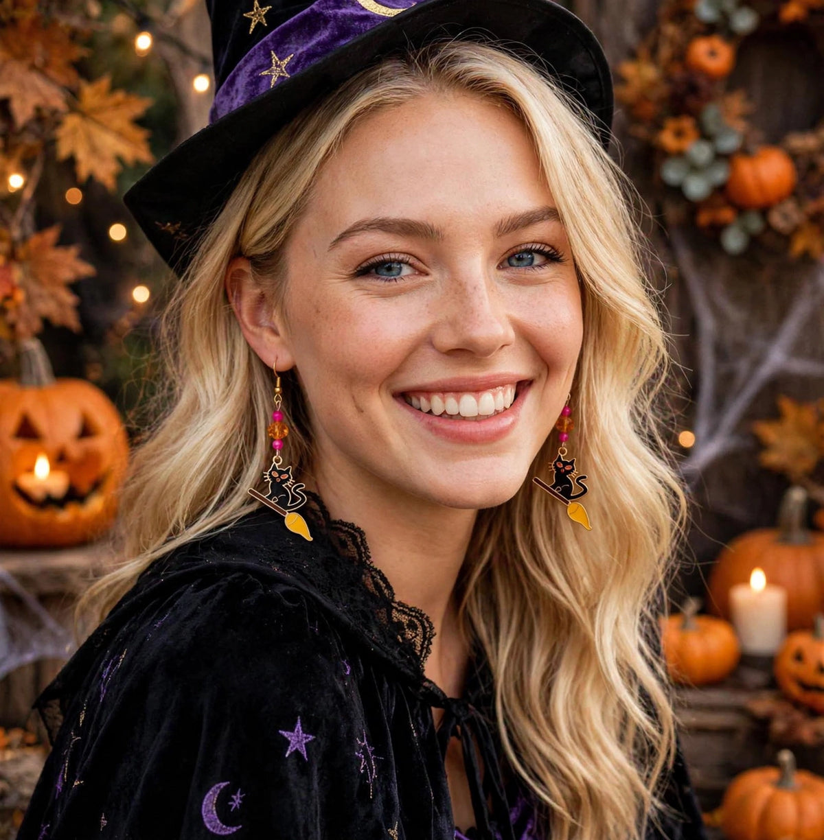 Black Cat on Broom Enamel Earrings - Halloween Dangle Jewelry