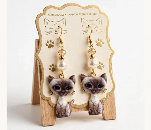 Siamese Cat Pearl Enamel Earrings - Sophisticated Dangle Jewelry