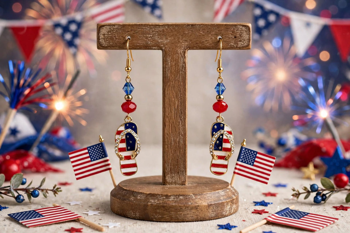 July Fourth Sandal Enamel Earrings - Patriotic Dangle Jewelry