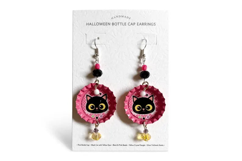 Starry Black Cat Bottlecap Earrings - Whimsical Cute Dangle Jewelry