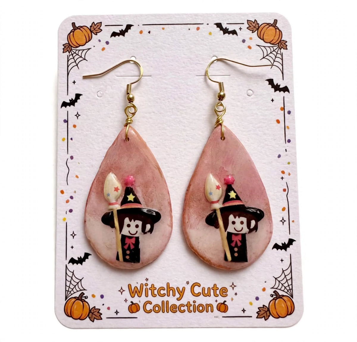 Halloween Witch Clay Resin Earrings - Festive Whimsical Teardrop Jewelry