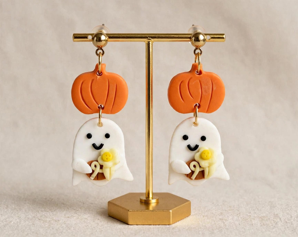 Floral Pumpkin Ghost Clay & Resin Earrings - Festive Cute Dangle Jewelry