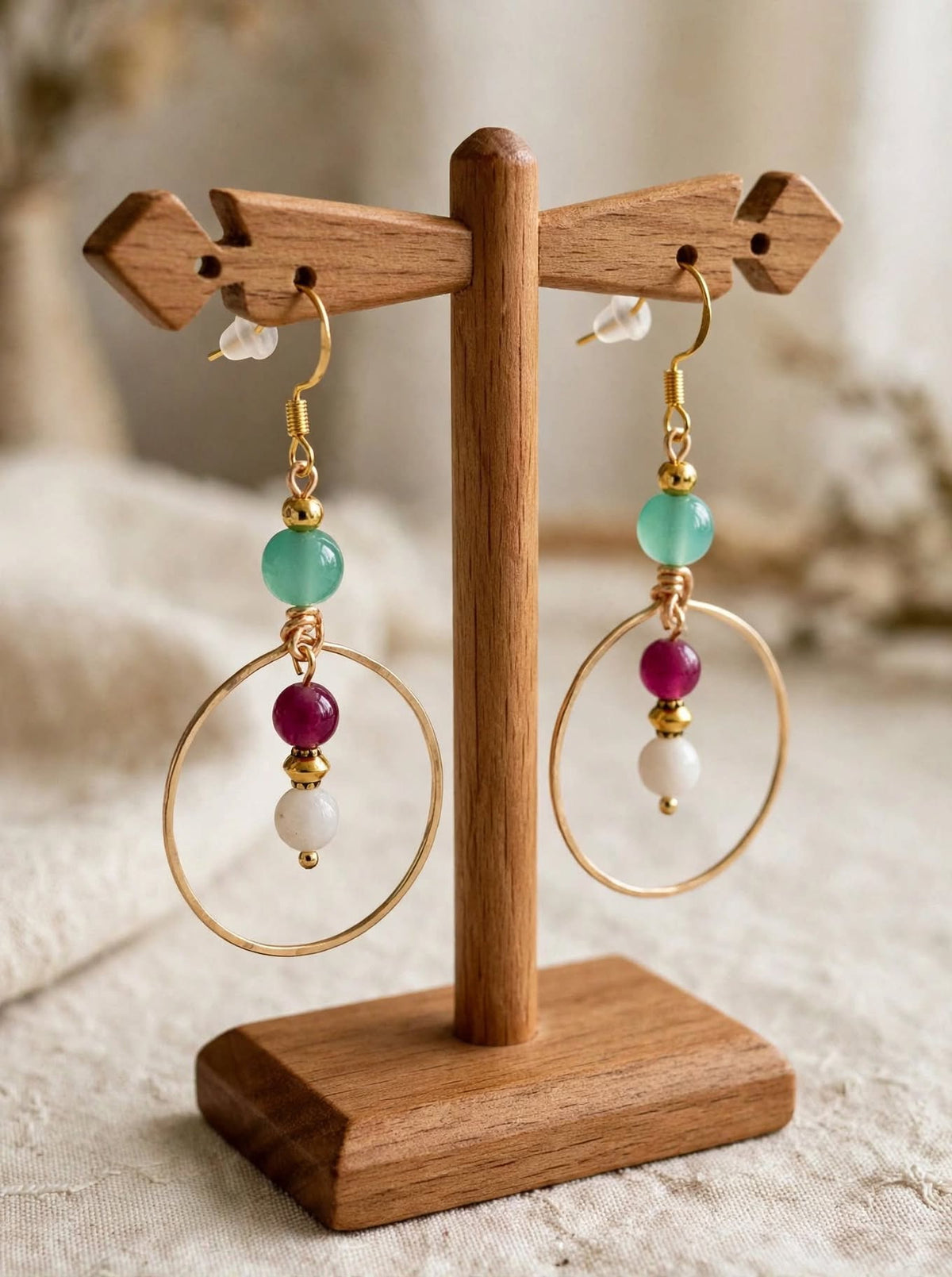 Handmade 14K Gold Plated Hoop Earrings, Green Chalcedony, Ruby Jade & Pearl Dangle Earrings, Boho Gold Hoop Earrings, Gift for Her