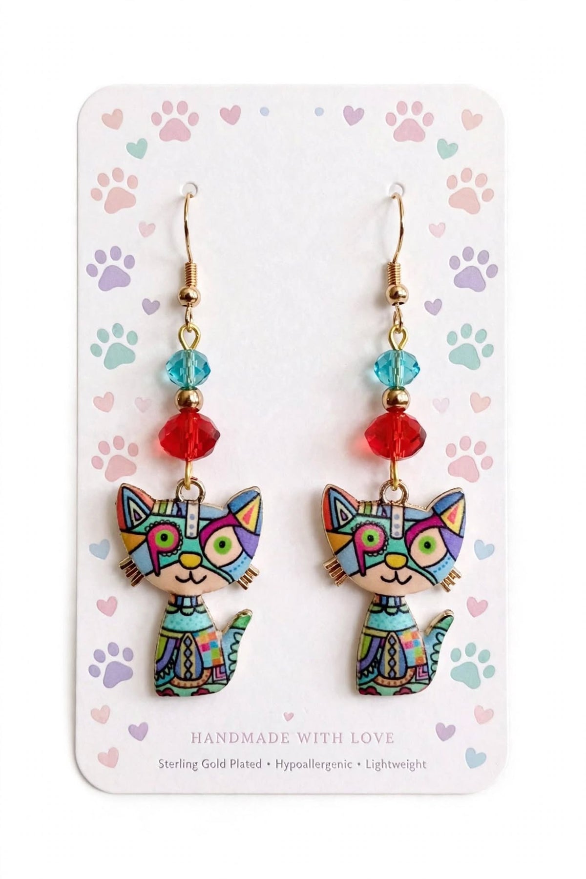 Blue Colorful Cat Enamel Charm Earrings - Abstract Dangle Jewelry