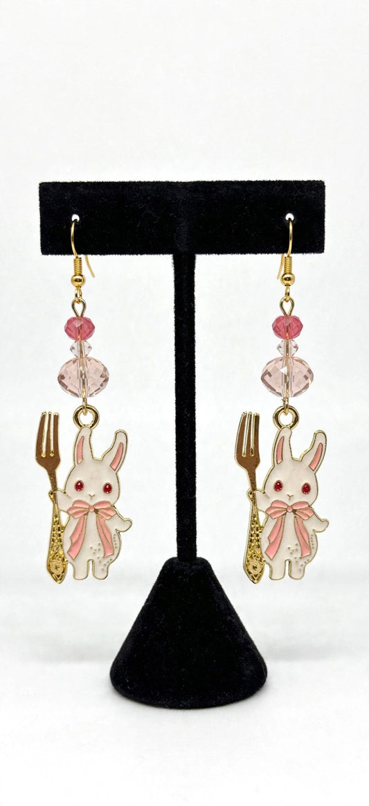 Fancy Fork Easter Bunny Enamel Charm Earrings - Cute Dangle Jewelry