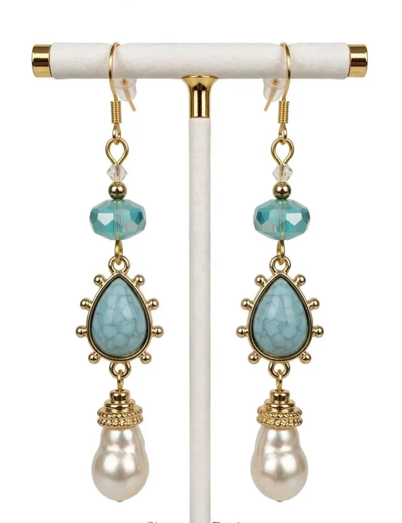Real Pearl Aqua Earrings - Elegant Ocean Dangle Jewelry