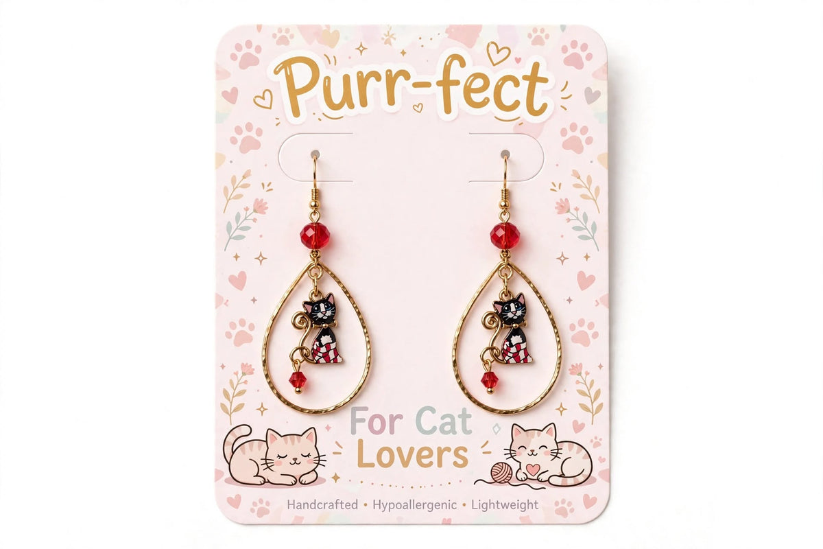 Purr-fect Cat Lovers Teardrop Earrings - Black Cat in Red Argyle Sweater-Cat Teardrop Earrings