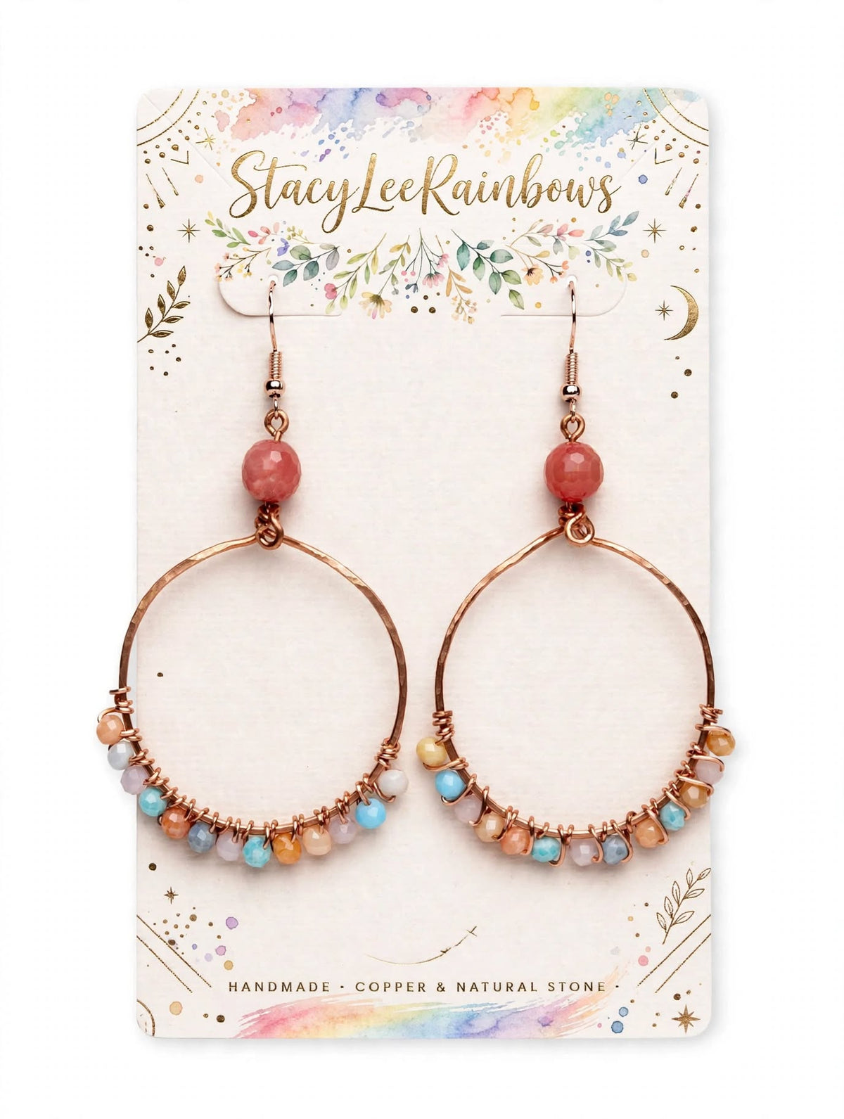 Handcrafted Pastel Rainbow Hoop Earrings - Rose Gold Beaded Dangle Hoops with Pink Stone - Boho Jewelry