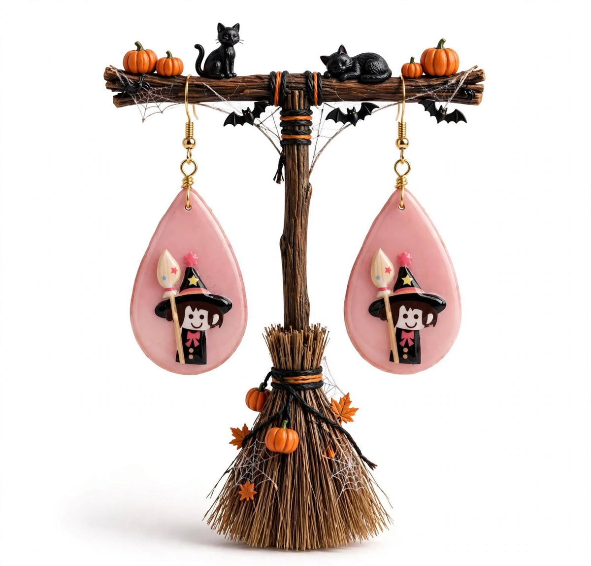 Halloween Witch Clay Resin Earrings - Festive Whimsical Teardrop Jewelry