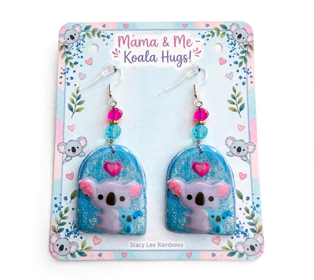 Handcrafted Koala Bear Dangle Earrings – Cute Clay Resin Design with Heart Accents