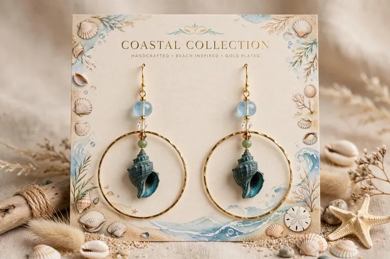 Teal Conch Shell Hoop Earrings - Coastal Collection - Aqua and Gold Beach Earrings - Boho Seashell Earrings - Beach Vacation Jewelry