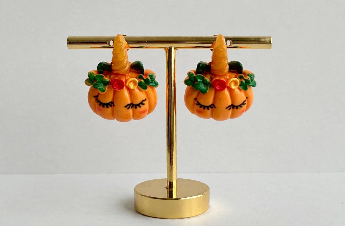 Floral Pumpkin Unicorn Clay Resin Earrings - Whimsical Stud Jewelry
