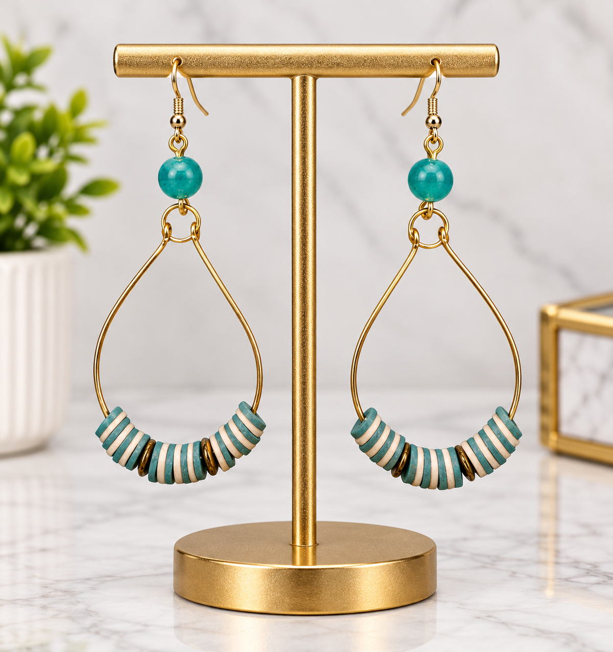 Blue & White Turquoise Beaded Wire Metal Earrings - Fancy Teardrop Jewelry