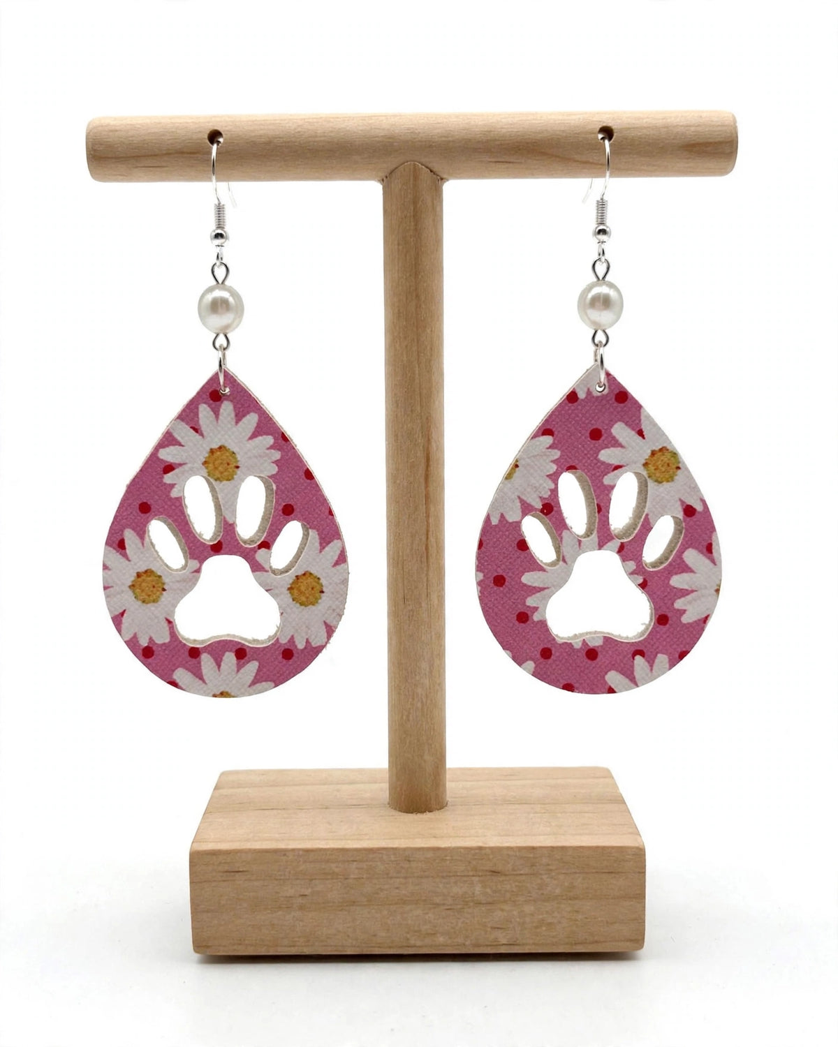 Pink Floral Paw Print Faux Leather Earrings - Vibrant Teardrop Jewelry
