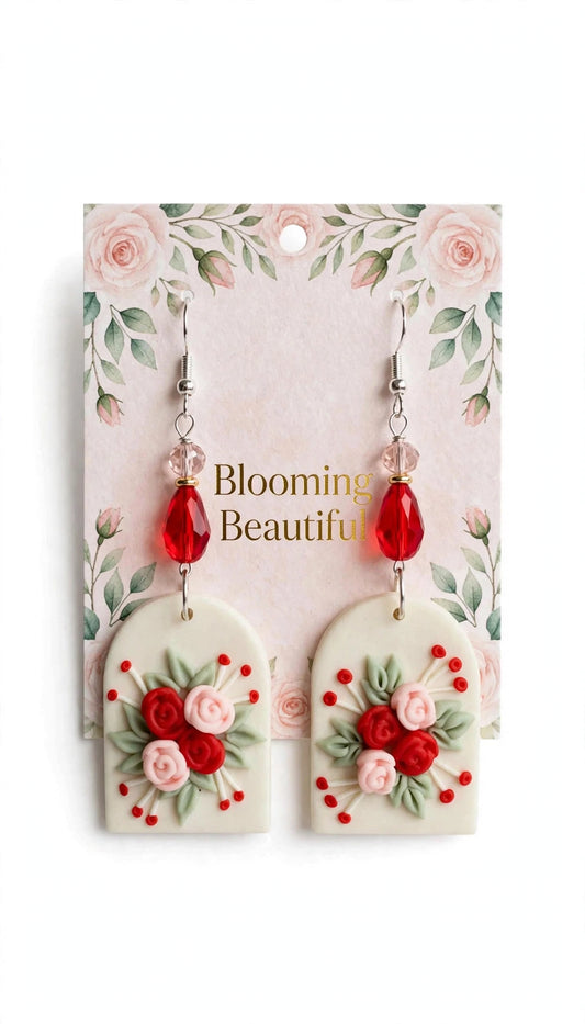 Red & Pink Rose Clay & Resin Earrings - Elegant Dangle Jewelry